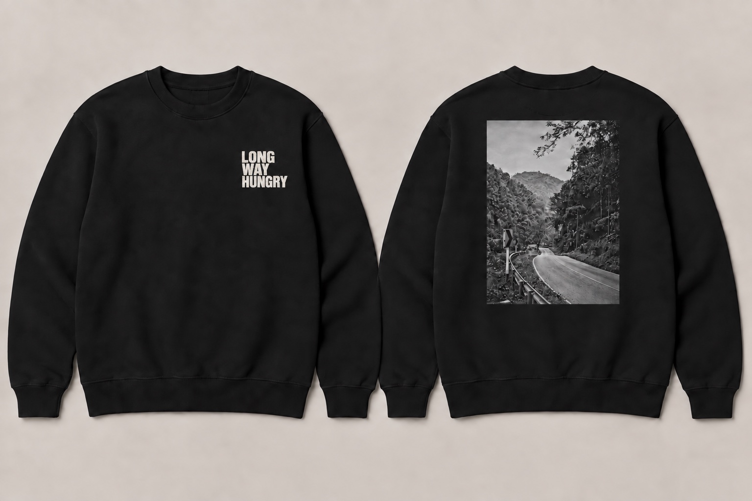 Black Long Way Hungry sweatshirt with a small chest logo and a large landscape photograph on the back